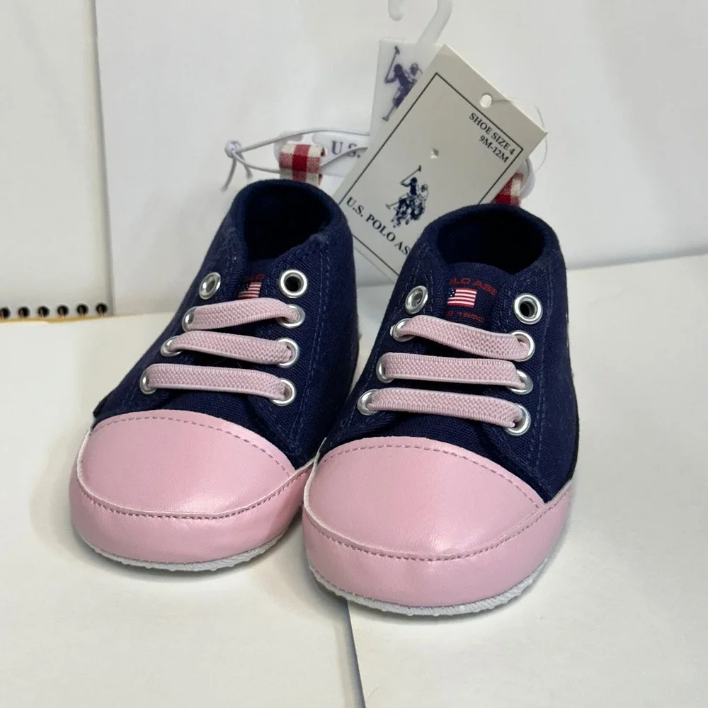 U.S. Polo Assn. Sneakers Girls 4 9M-12M Navy Pink Gingham Excellent